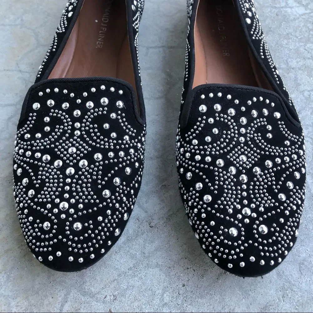 Donald J Pliner Debbi Studded Smoking Slippers Black Suede Loafers Flats Chic 6
